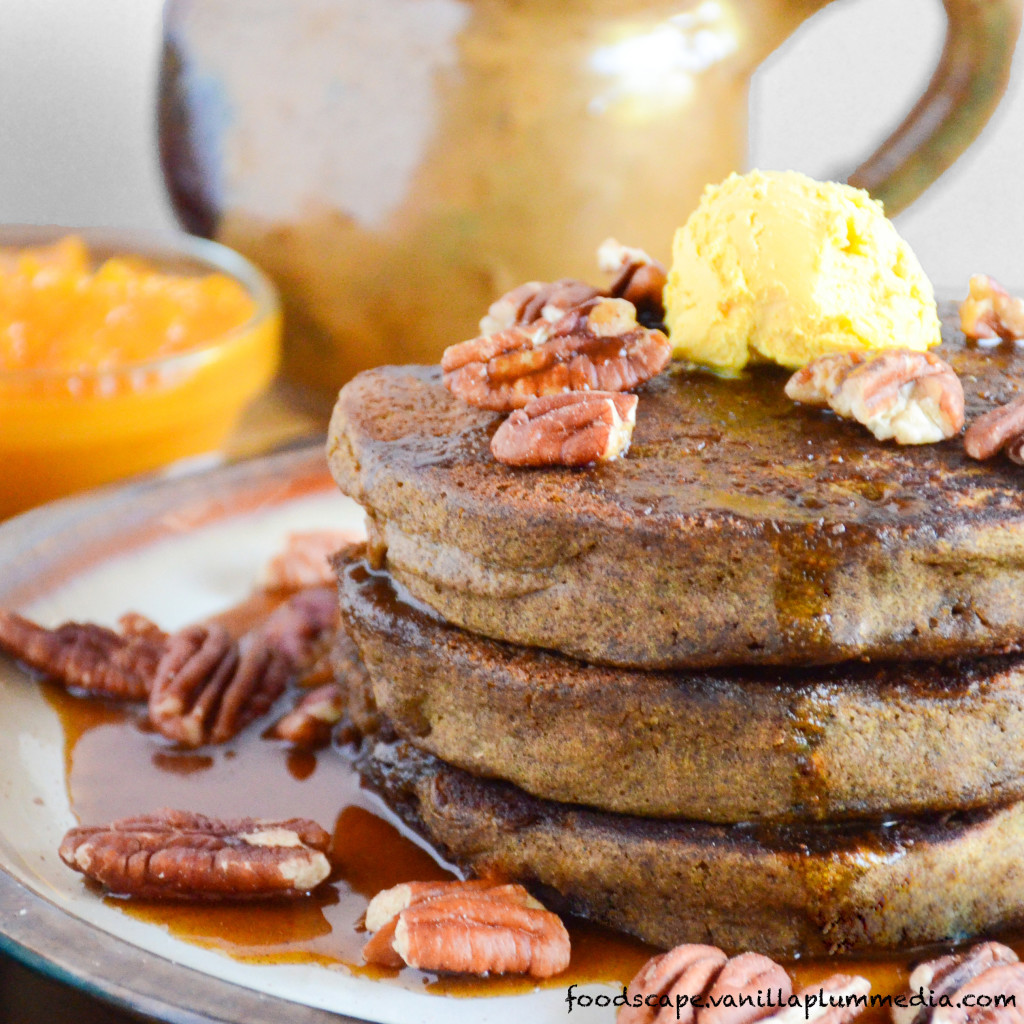Pumpkin Peanut Butter Pancakes - Healthy, delicious, and just happen to be vegan. Plus, they are sky-high without any equipment!