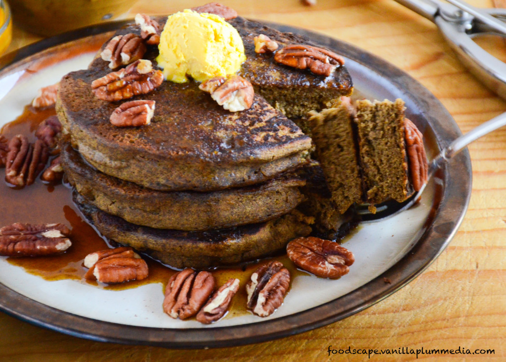 Pumpkin Peanut Butter Pancakes - Healthy, delicious, and just happen to be vegan. Plus, they are sky-high without any equipment!