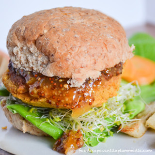 sweet potato chickpea burger with apricot mustard and rosemary potato fries bursting with flavor and nutrition